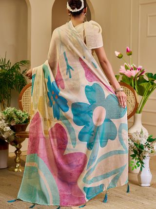 Cream Floral Tissue Cotton Saree with Zari Work and Tassels