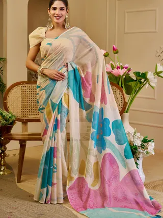 Cream Floral Tissue Cotton Saree with Zari Work and Tassels