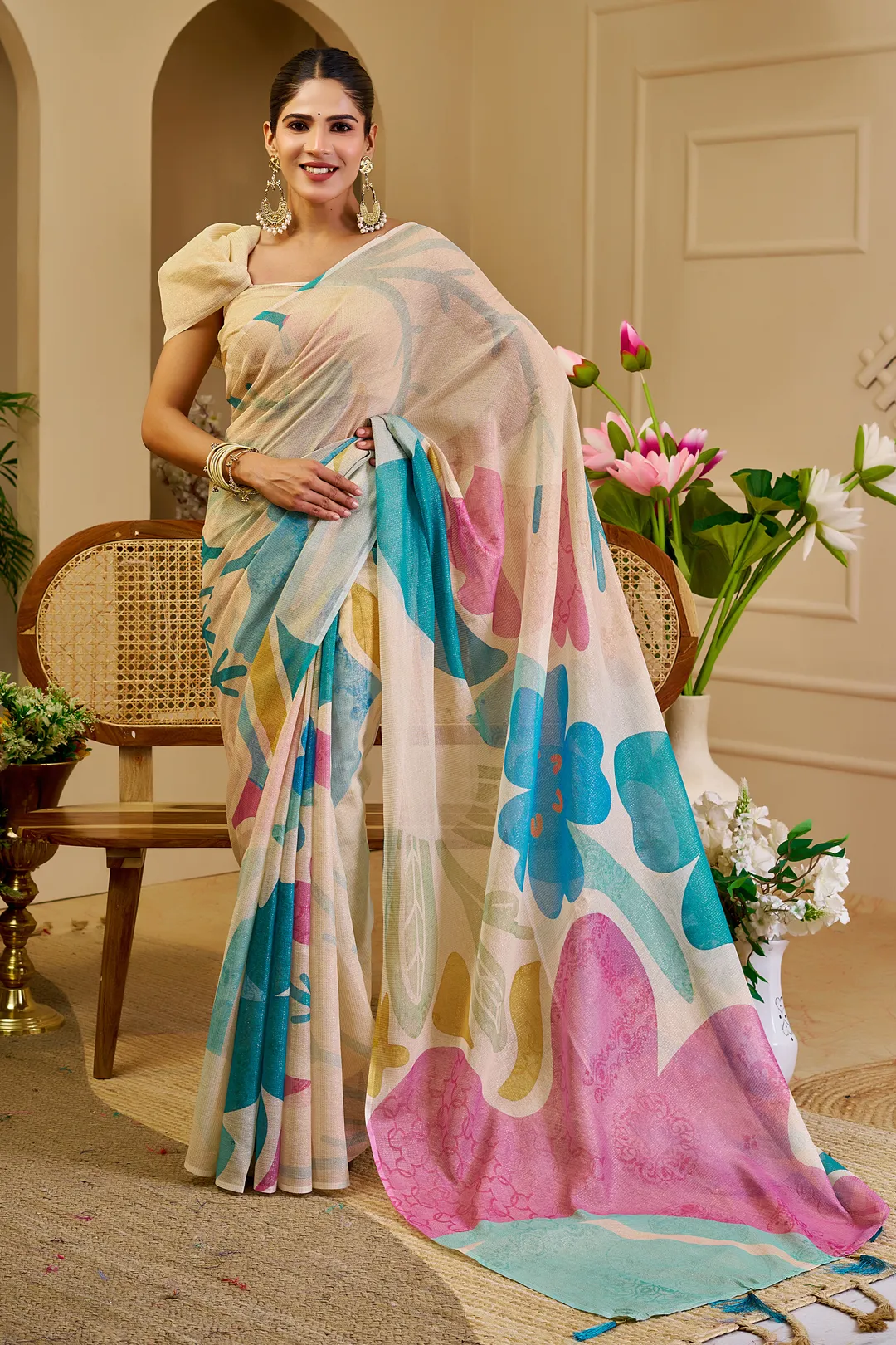 Cream Floral Tissue Cotton Saree with Zari Work and Tassels