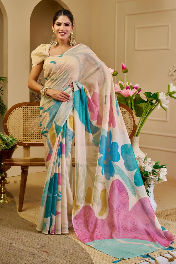 Cream Floral Tissue Cotton Saree with Zari Work and Tassels