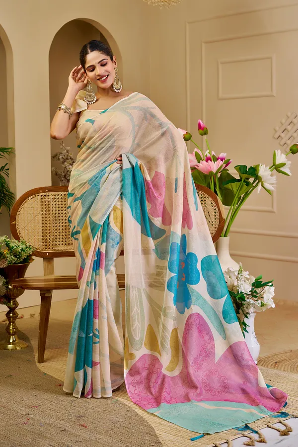 Cream Floral Tissue Cotton Saree with Zari Work and Tassels