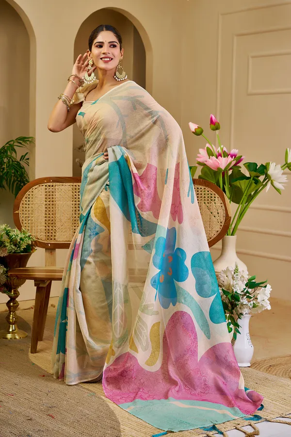 Cream Floral Tissue Cotton Saree with Zari Work and Tassels