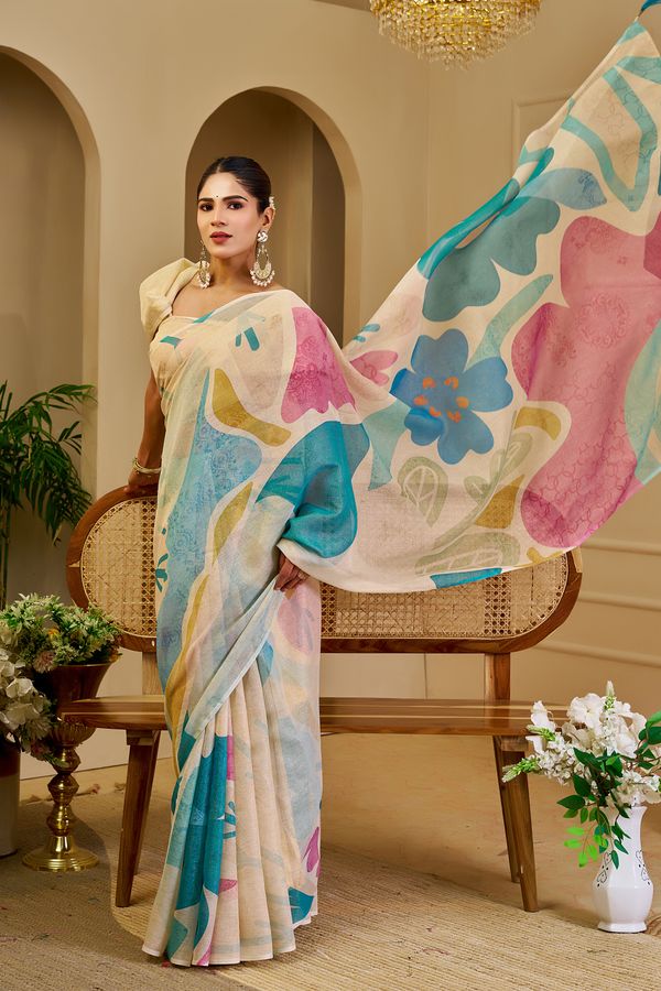 Cream Floral Tissue Cotton Saree with Zari Work and Tassels