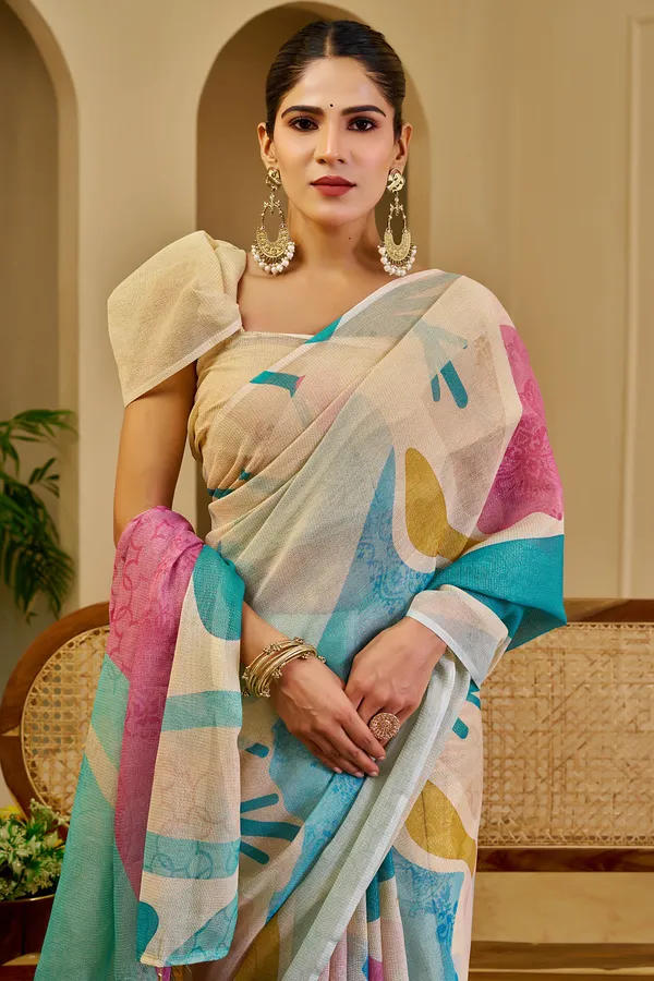 Cream Floral Tissue Cotton Saree with Zari Work and Tassels