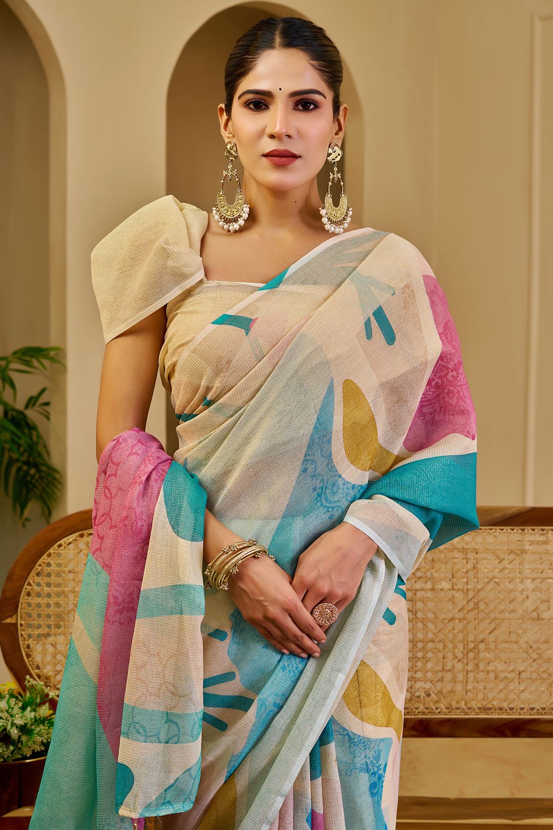 Cream Floral Tissue Cotton Saree with Zari Work and Tassels