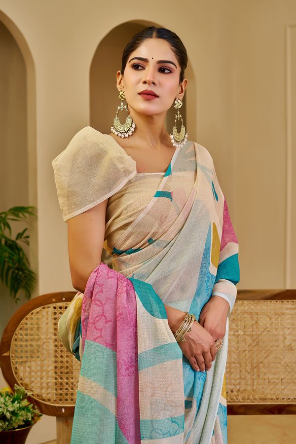 Cream Floral Tissue Cotton Saree with Zari Work and Tassels