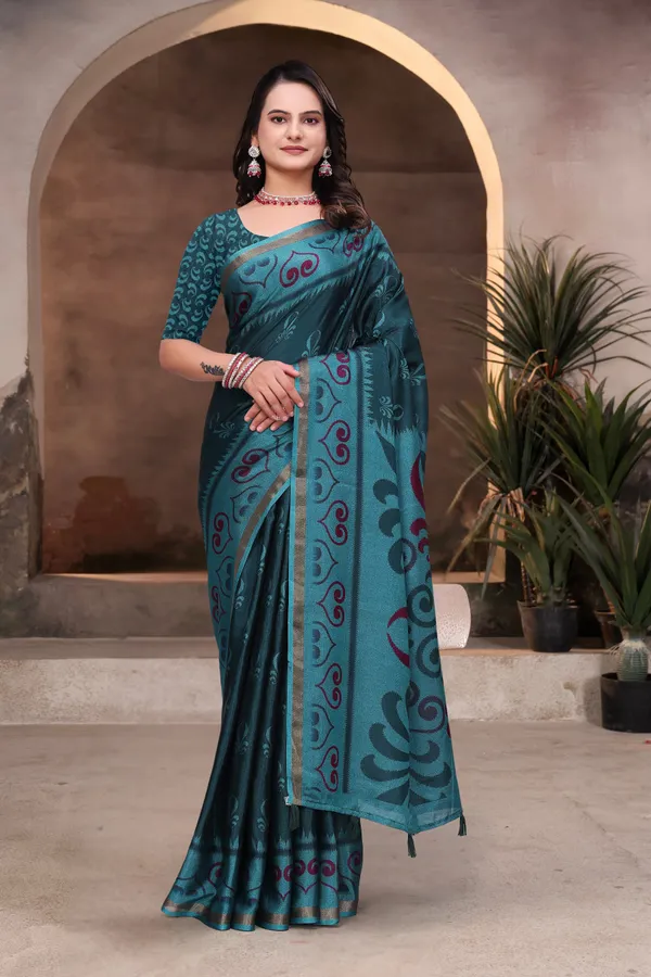 Teal Mal Cotton Woven Saree With Blouse Piece - VARNAVI