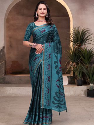 Teal Mal Cotton Woven Saree With Blouse Piece - VARNAVI