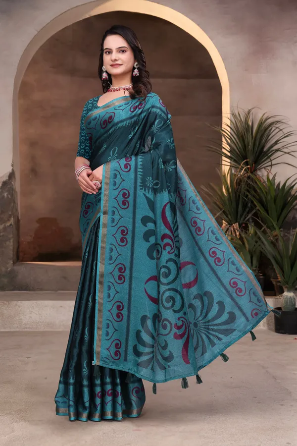 Teal Mal Cotton Woven Saree With Blouse Piece - VARNAVI