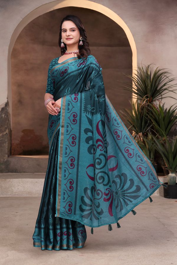 Teal Mal Cotton Woven Saree With Blouse Piece - VARNAVI