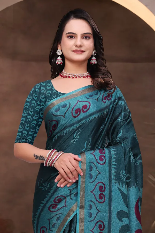 Teal Mal Cotton Woven Saree With Blouse Piece - VARNAVI