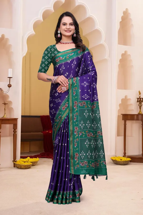 Purple Mal Cotton Patterned Saree With Blouse - VARNAVI