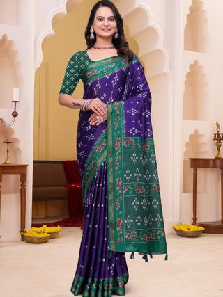 Purple Mal Cotton Patterned Saree With Blouse - VARNAVI