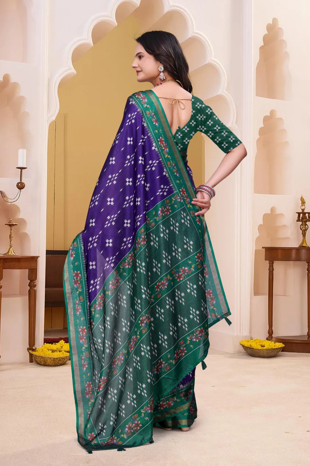 Purple Mal Cotton Patterned Saree With Blouse - VARNAVI