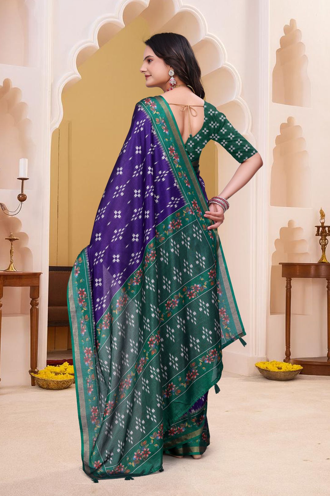 Purple Mal Cotton Patterned Saree With Blouse - VARNAVI