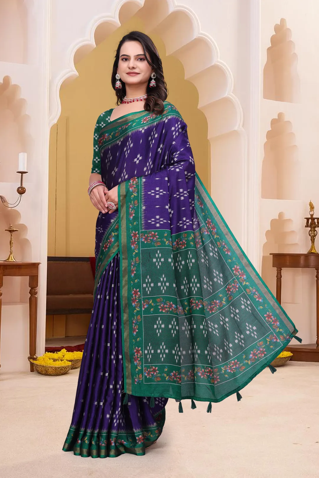 Purple Mal Cotton Patterned Saree With Blouse - VARNAVI
