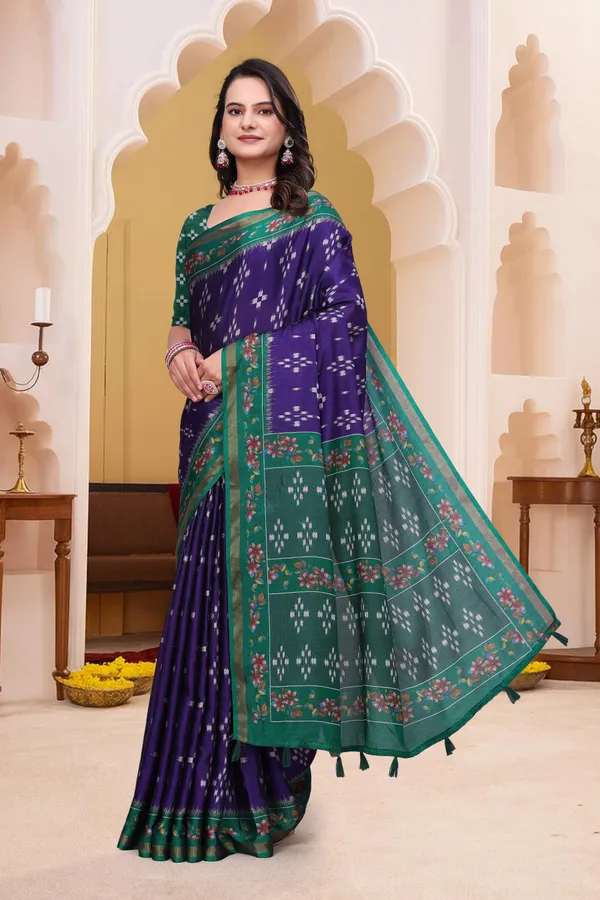 Purple Mal Cotton Patterned Saree With Blouse - VARNAVI