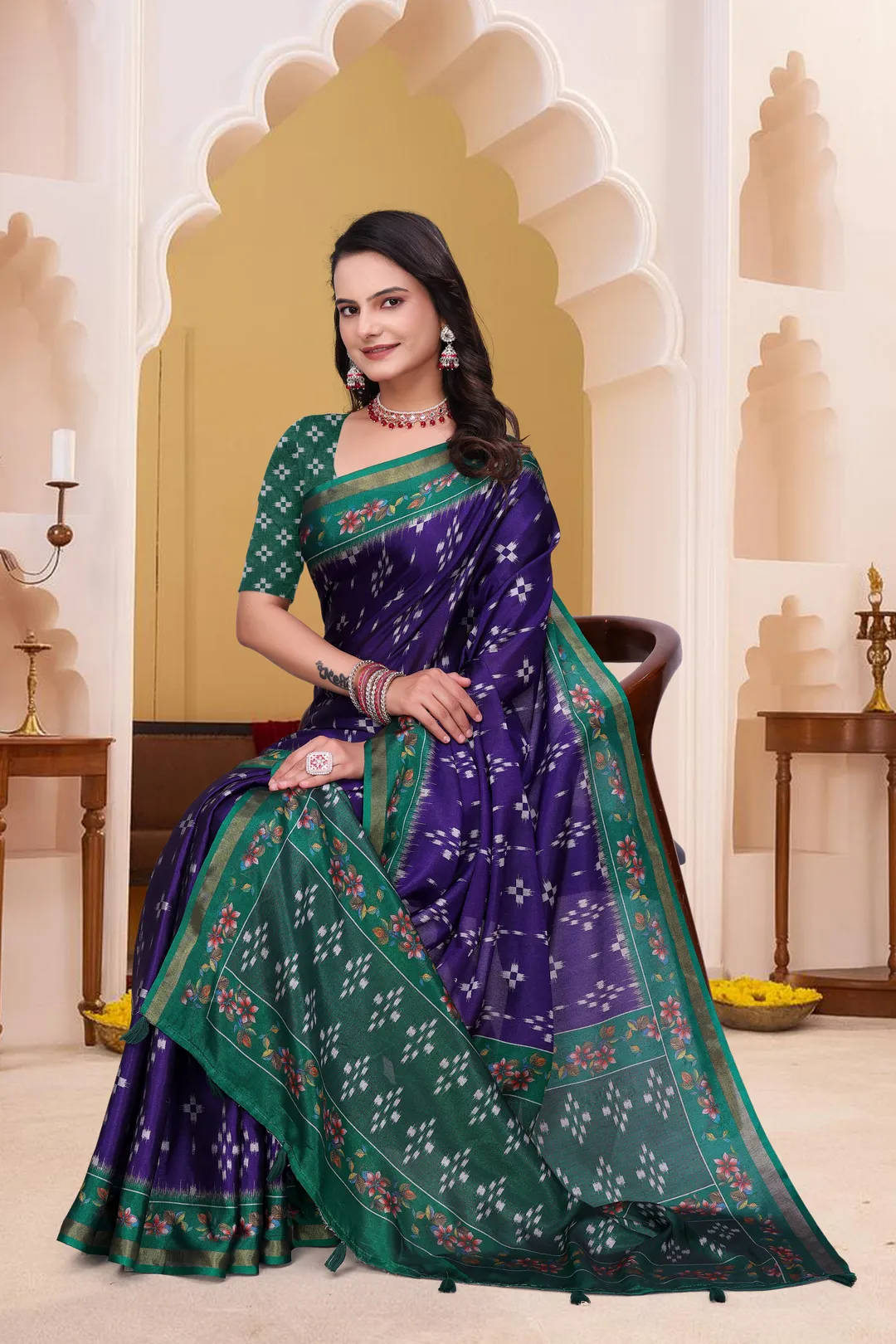 Purple Mal Cotton Patterned Saree With Blouse - VARNAVI