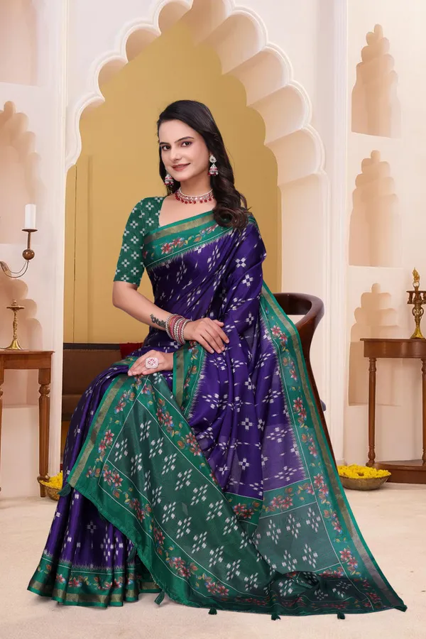 Purple Mal Cotton Patterned Saree With Blouse - VARNAVI
