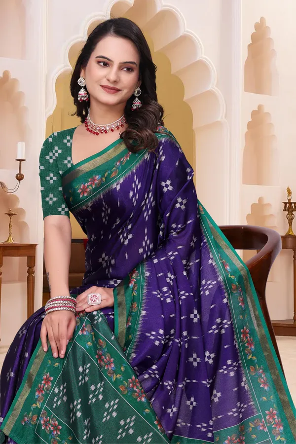 Purple Mal Cotton Patterned Saree With Blouse - VARNAVI
