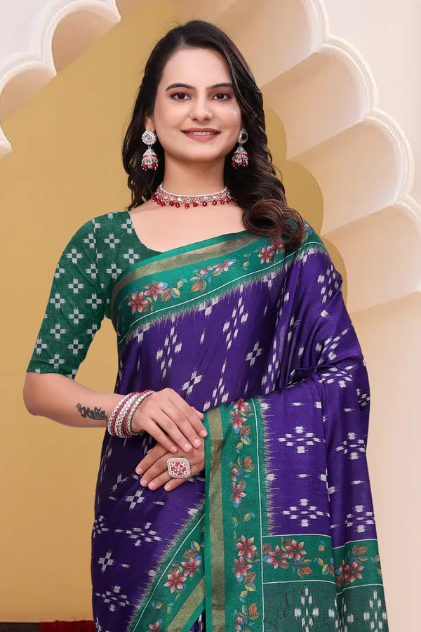 Purple Mal Cotton Patterned Saree With Blouse - VARNAVI