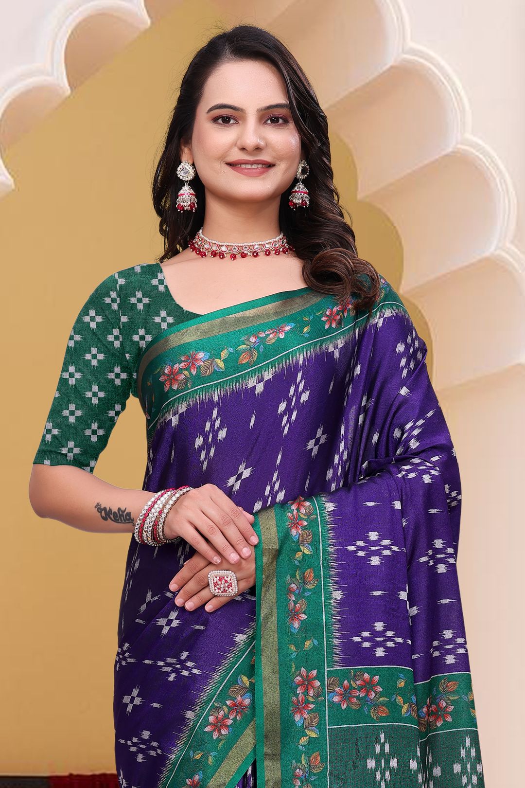 Purple Mal Cotton Patterned Saree With Blouse - VARNAVI