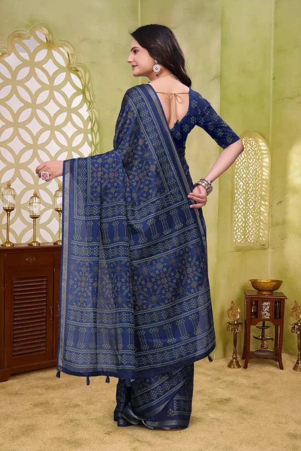 Navy Blue Mal Cotton Woven Saree With Blouse - VARNAVI