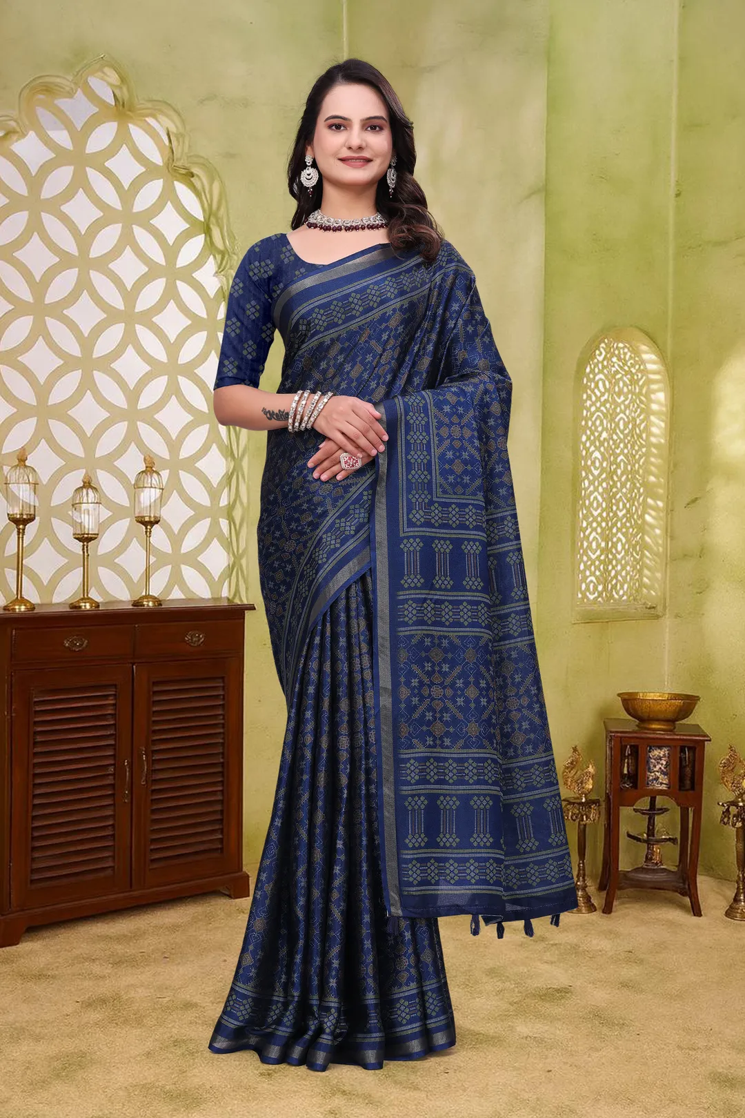 Navy Blue Mal Cotton Woven Saree With Blouse - VARNAVI