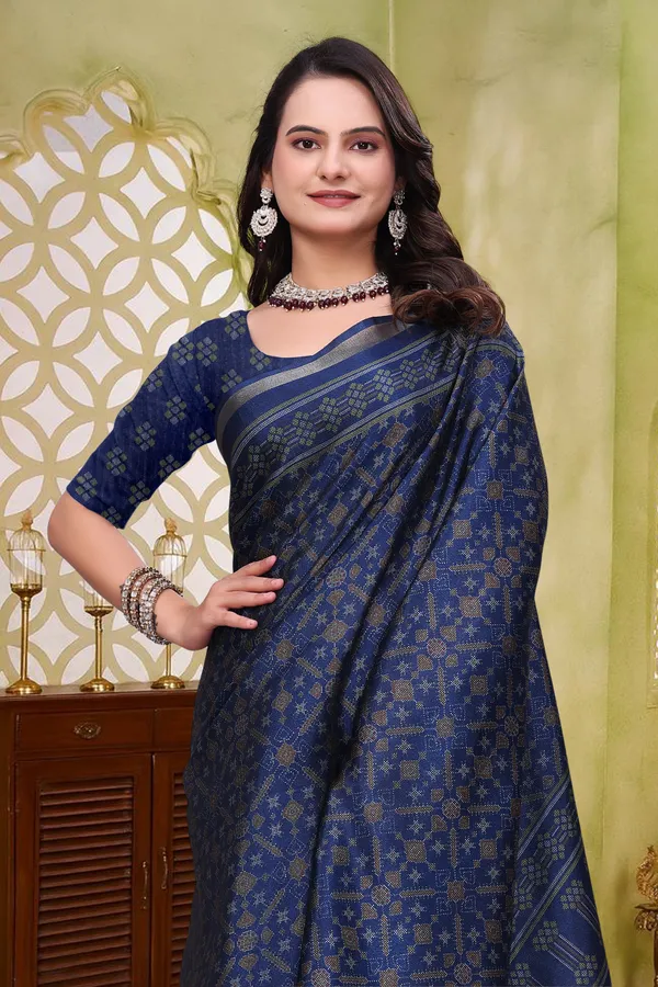 Navy Blue Mal Cotton Woven Saree With Blouse - VARNAVI