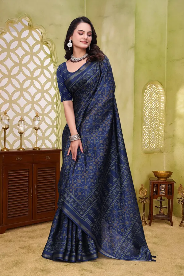 Navy Blue Mal Cotton Woven Saree With Blouse - VARNAVI