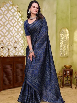 Navy Blue Mal Cotton Woven Saree With Blouse - VARNAVI