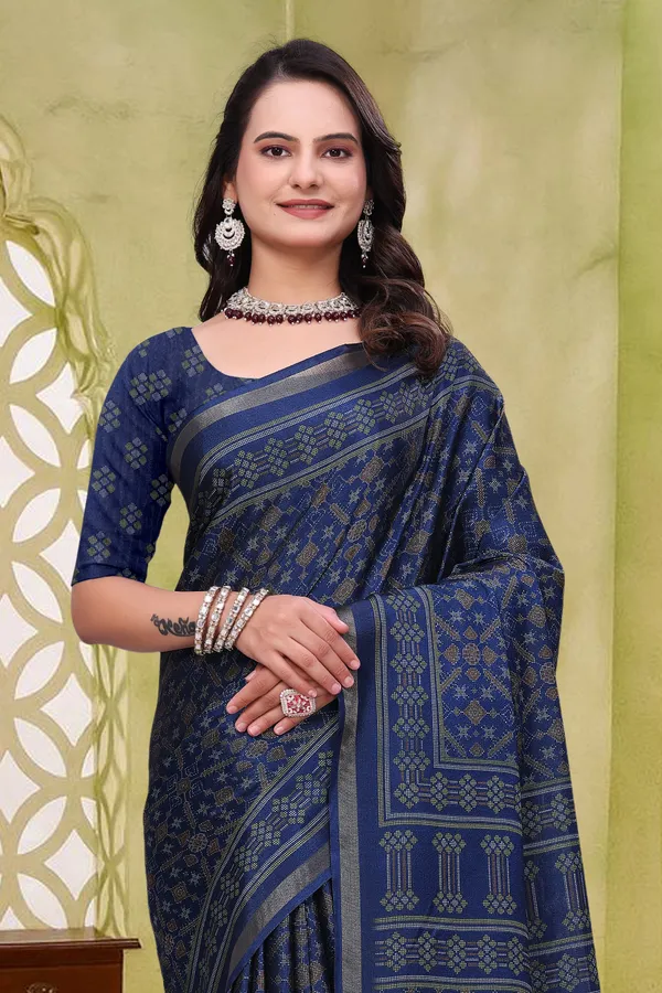 Navy Blue Mal Cotton Woven Saree With Blouse - VARNAVI