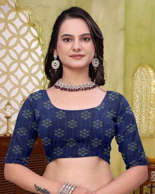 Navy Blue Mal Cotton Woven Saree With Blouse - VARNAVI