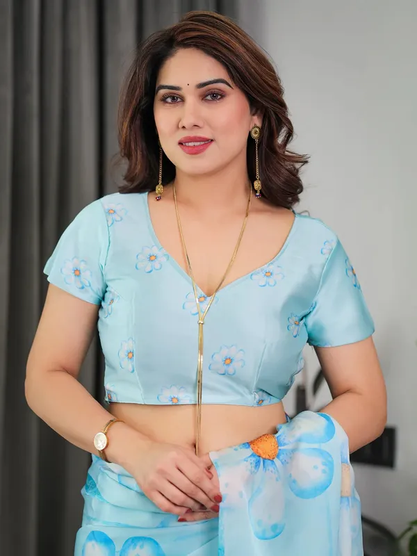 Pastel Blue Satin Floral Print Saree with Unstitched Blouse