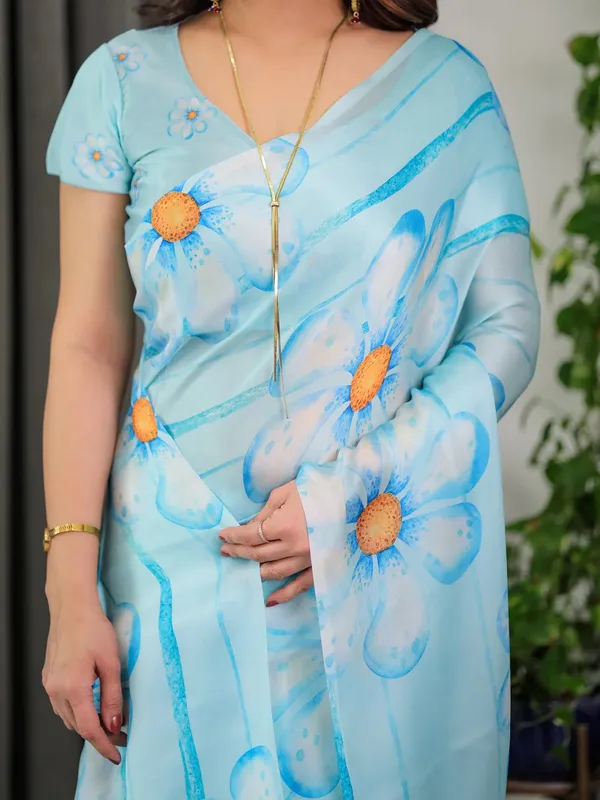 Pastel Blue Satin Floral Print Saree with Unstitched Blouse