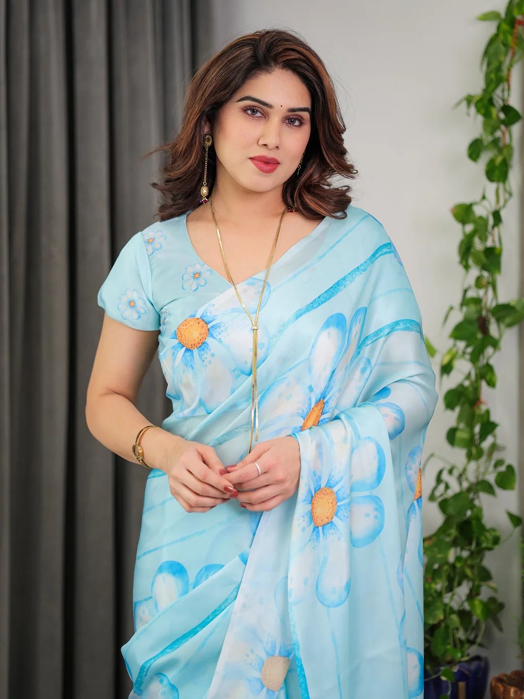 Pastel Blue Satin Floral Print Saree with Unstitched Blouse