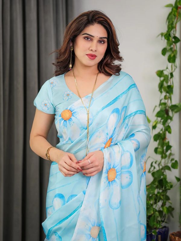 Pastel Blue Satin Floral Print Saree with Unstitched Blouse