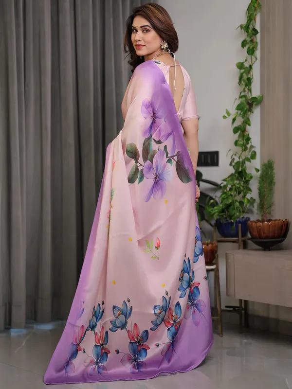 Pastel Pink Satin Floral Print Saree with Unstitched Blouse