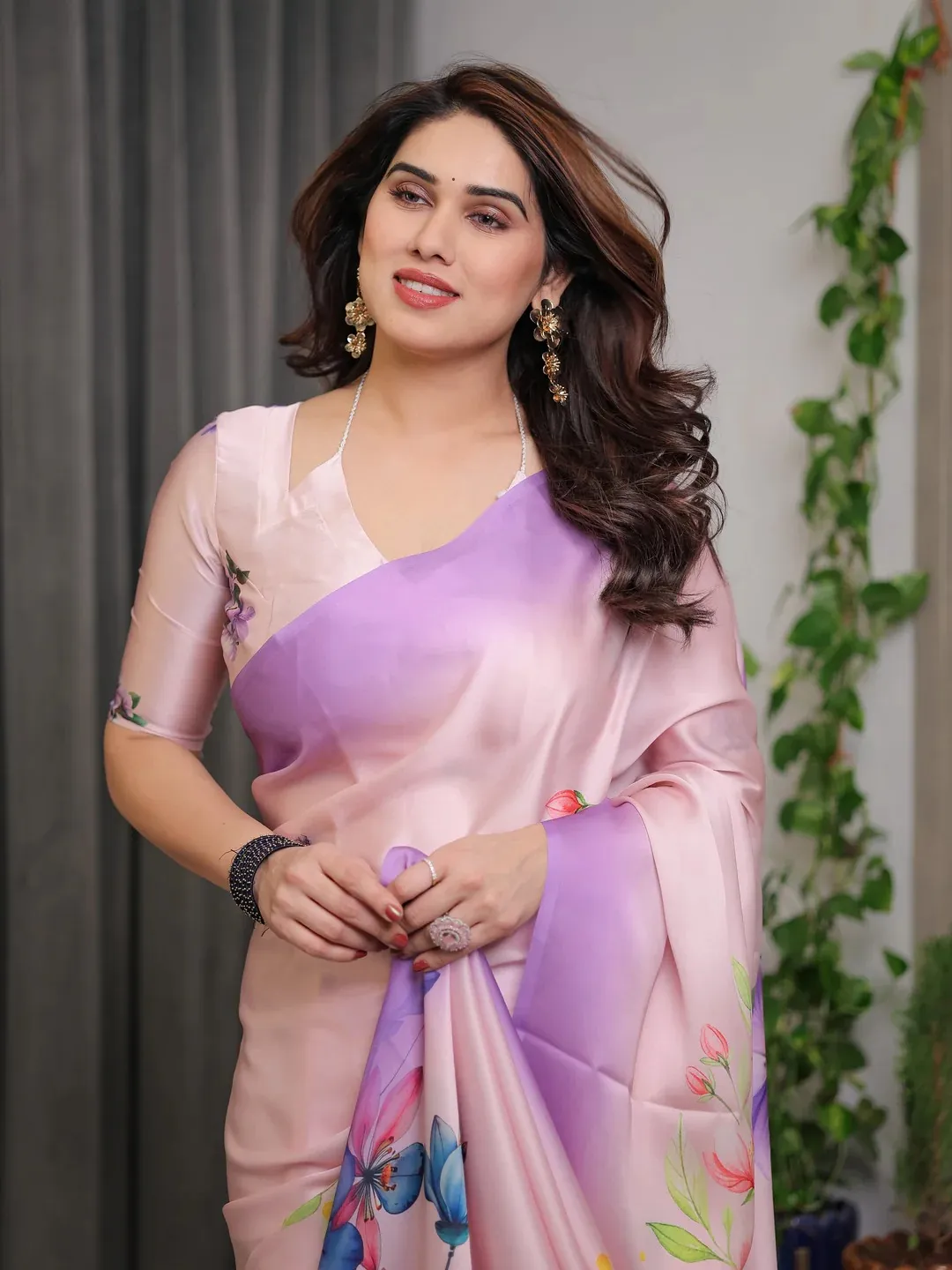 Pastel Pink Satin Floral Print Saree with Unstitched Blouse