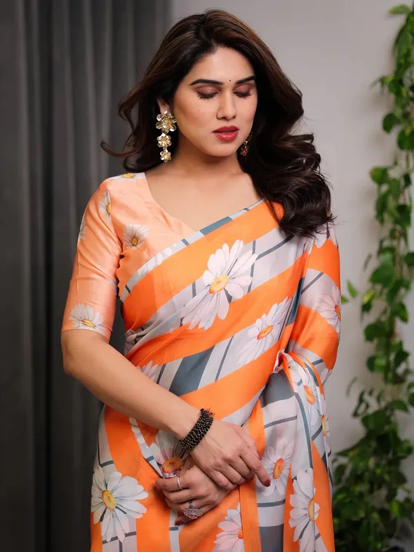 Orange Satin Floral Print Saree with Matching Blouse Fabric