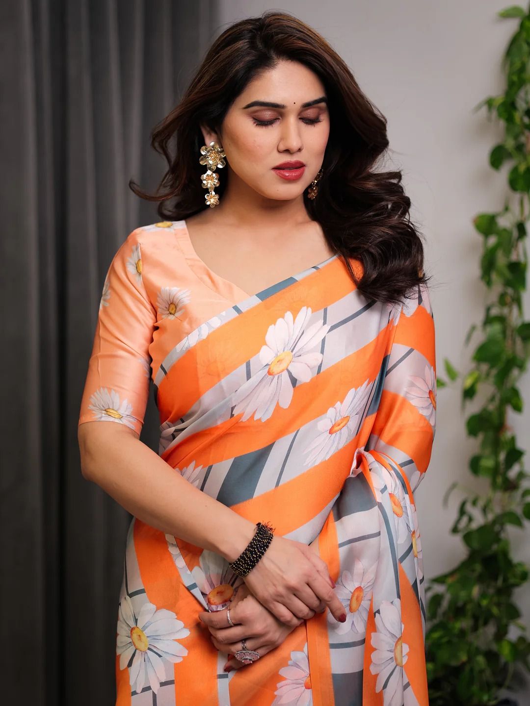 Orange Satin Floral Print Saree with Matching Blouse Fabric