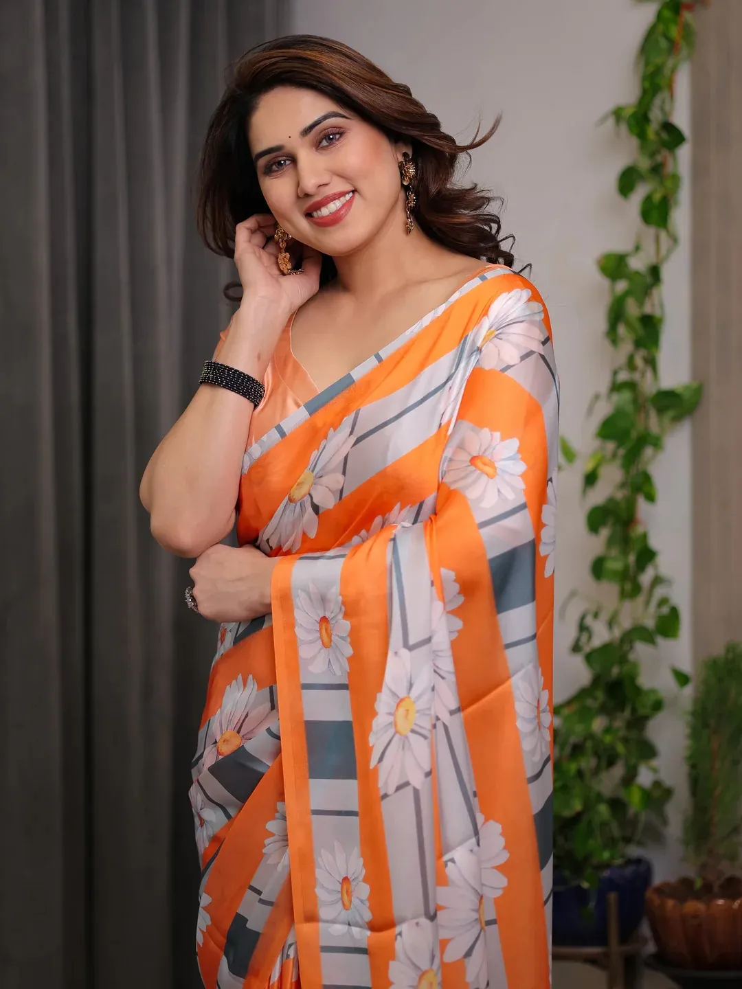 Orange Satin Floral Print Saree with Matching Blouse Fabric
