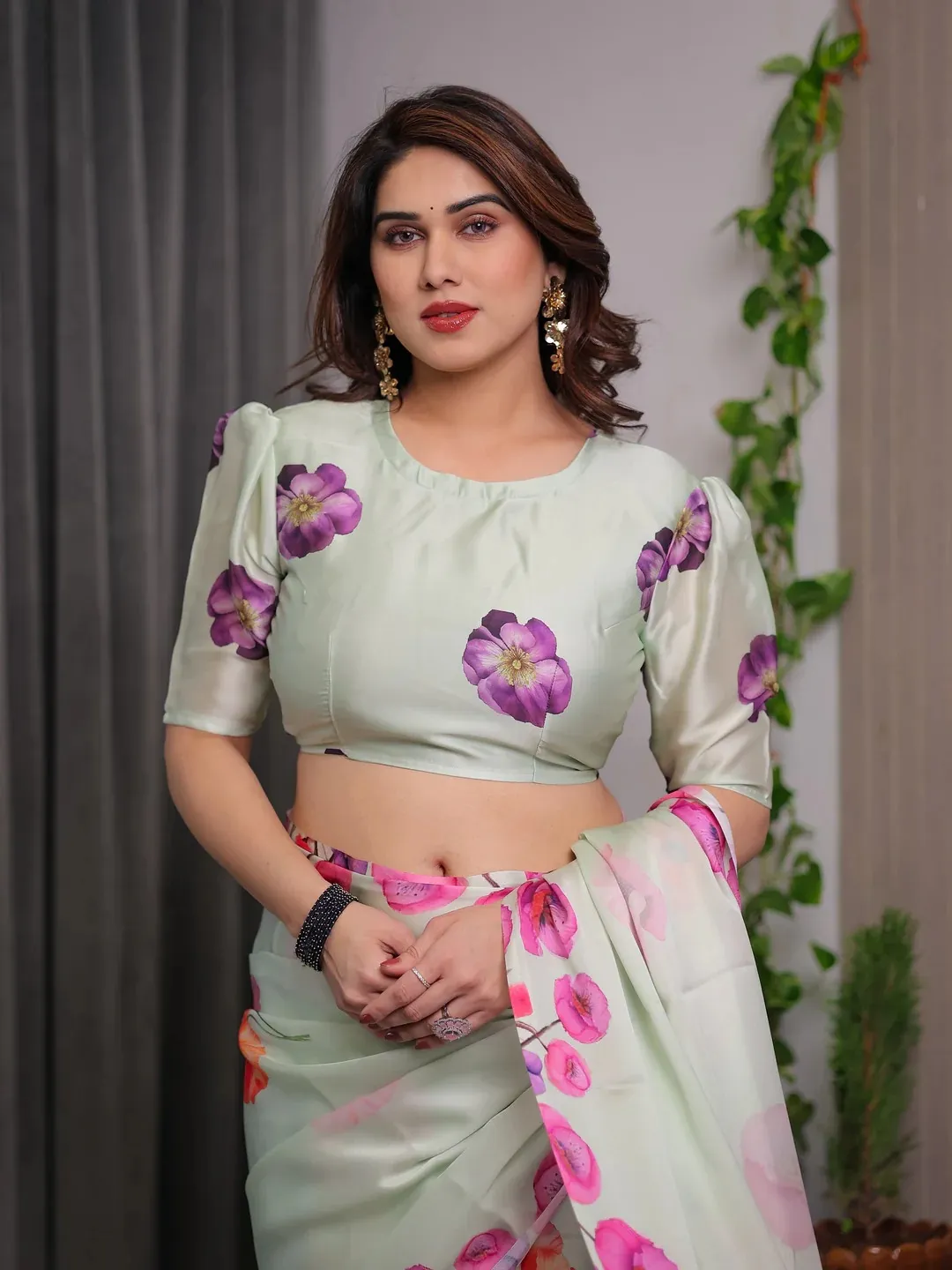 Mint Green Floral Satin Saree with Unstitched Blouse Fabric