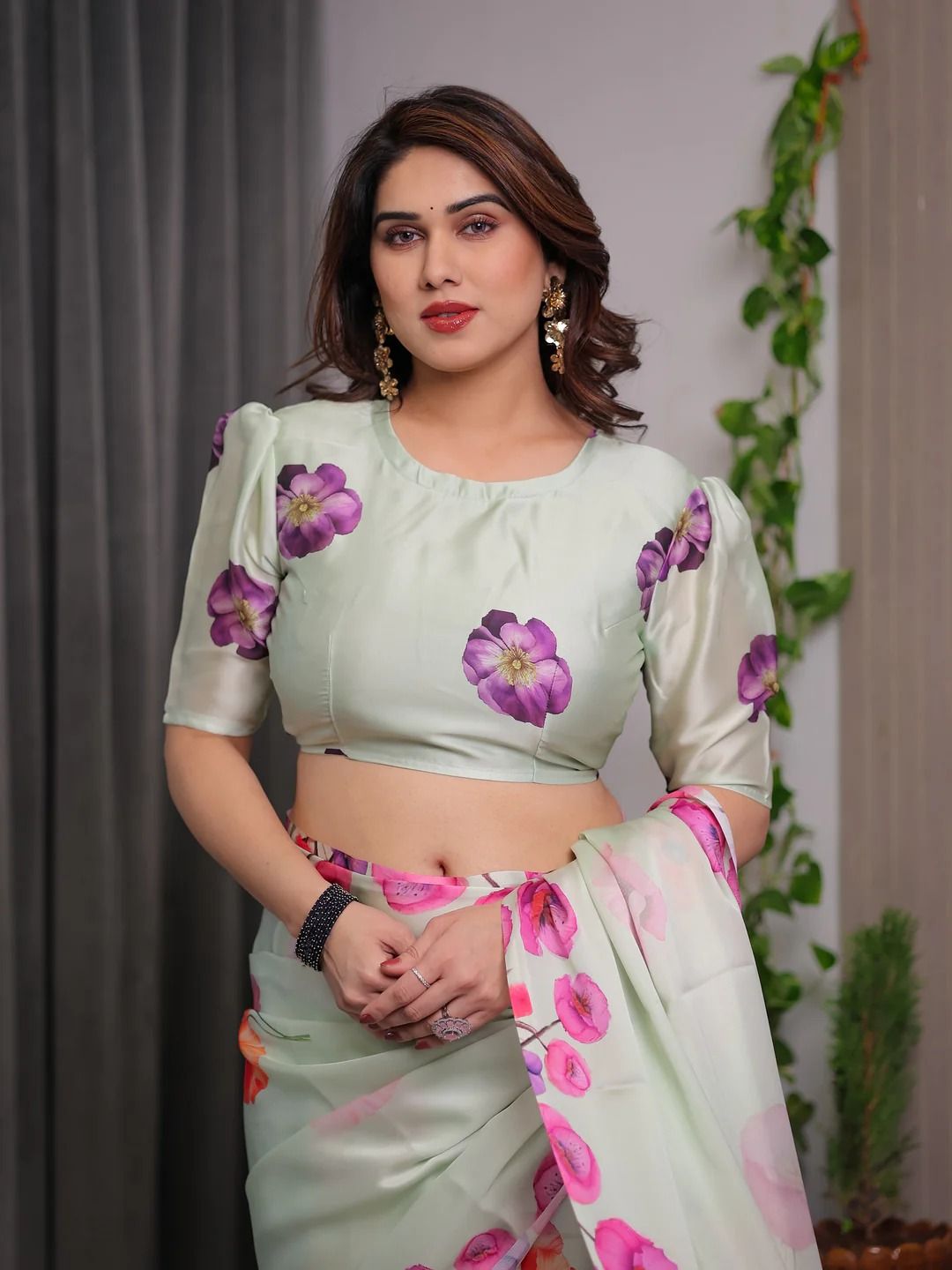 Mint Green Floral Satin Saree with Unstitched Blouse Fabric
