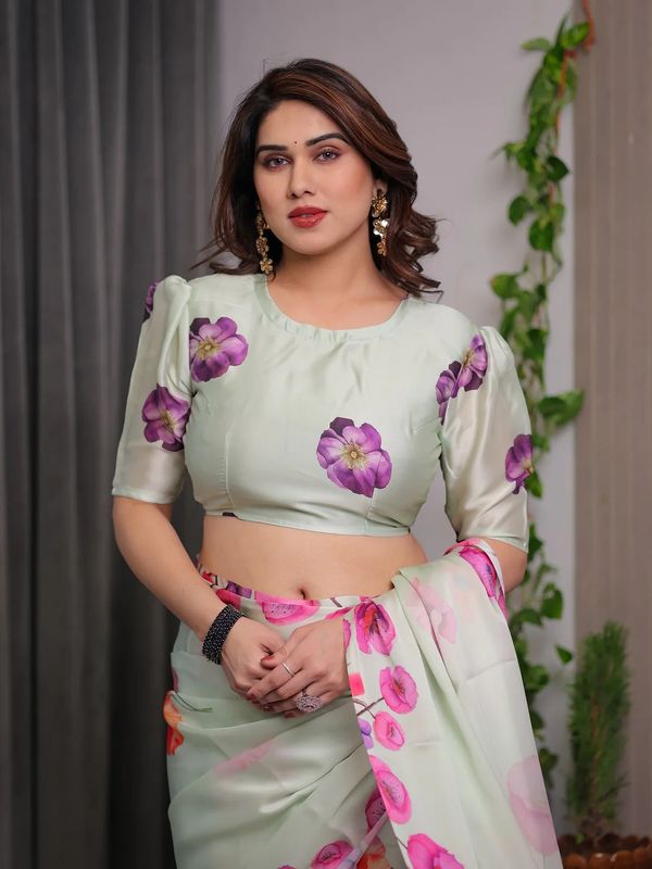 Mint Green Floral Satin Saree with Unstitched Blouse Fabric