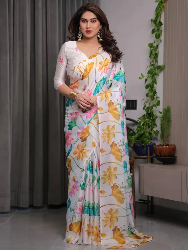 White Satin Floral Print Saree with Unstitched Blouse Piece