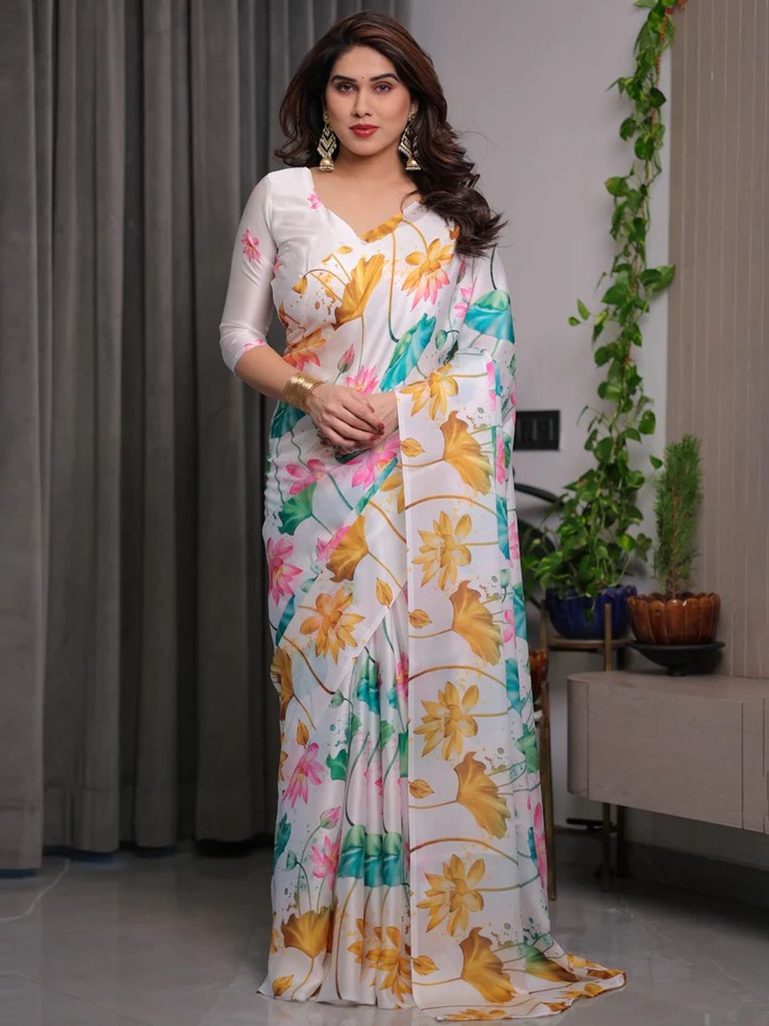 White Satin Floral Print Saree with Unstitched Blouse Piece