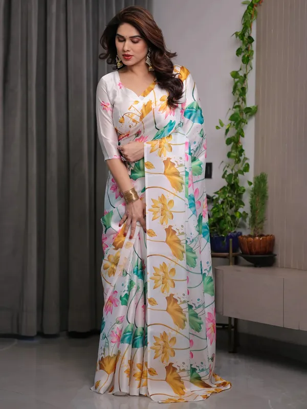 White Satin Floral Print Saree with Unstitched Blouse Piece