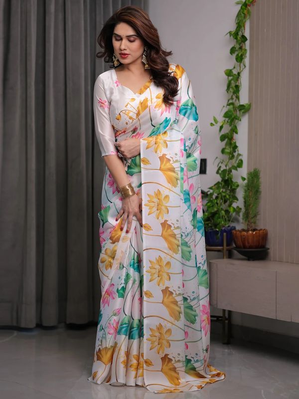 White Satin Floral Print Saree with Unstitched Blouse Piece