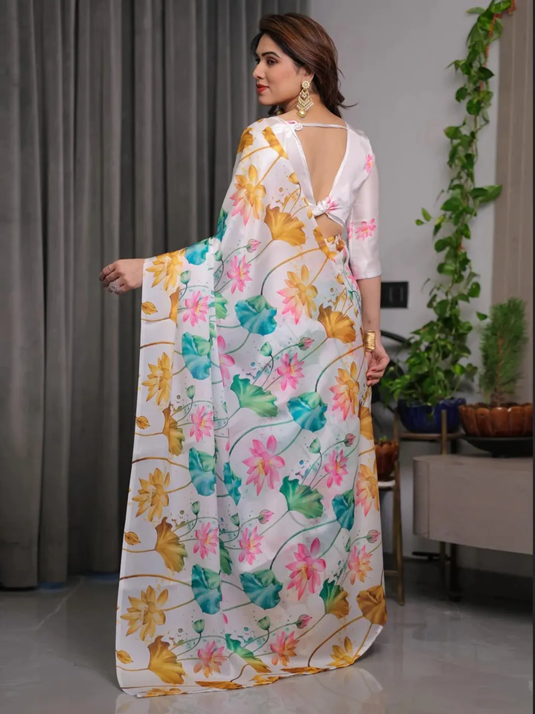 White Satin Floral Print Saree with Unstitched Blouse Piece